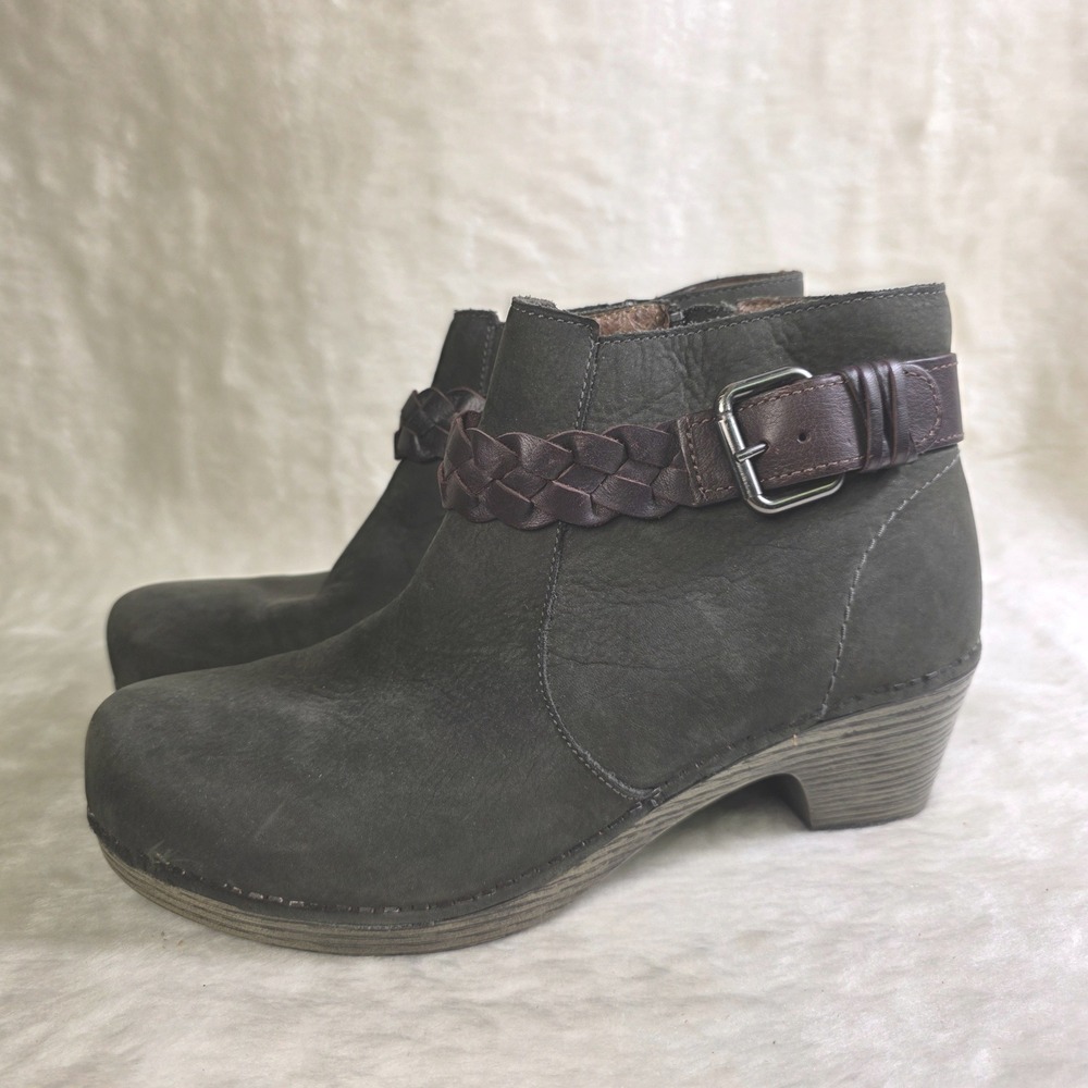Dansko Maria Ankle Boots Olive Green Leather Braided Strap Womens 40 Excellent